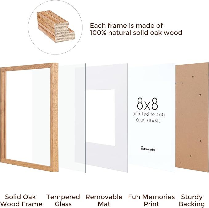 8 x 8 Oak Wood Picture Frames, Set of 3, Square Photo Frame 8x8 for Wall, 8x8 Frame Matted to 4x4 - Real Tempered Glass, 8"x8" Picture Frames (Natural Oak Color, 3 Pack)