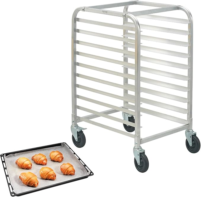 VEVOR 10-Tier Bun Pan Rack, Aluminum Racking Trolley Storage with Brake Wheels, Commercial Bakery Racks for Half & Full Sheet, Speed Rack For Kitchen Home, Bread Baking Equipment, 26"L x 20.3"W x 39"H