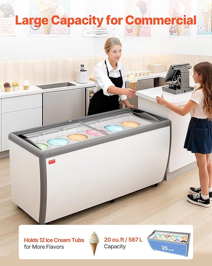 VEVOR Commercial Ice Cream Display Case, 20 Cu.ft Chest Freezer, Restaurant Gelato Dipping Cabinet Top Deep Freezer with Locking Casters, Sliding Glass Door, LED Lighting, Hold 12 Ice Cream Tubs