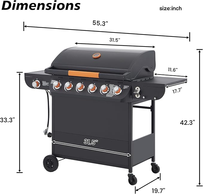 6 Burner Propane Gas Grill, 72,000 BTU Gas Grill with Side Burner, BBQ Grill with Cast Iron Grates, Stainless Steel Frame, 650 Sq In Cooking Area, Outside Grill for Patio Backyard