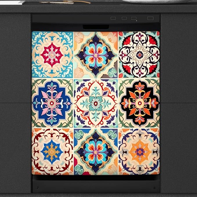 Dishwasher Magnet Cover Colorful Boho Ceramic Tile Reusable Dishwasher Magnetic Cover Sticker Decorative Dish Washer Door Cover Panel for Home Kitcen Appliance