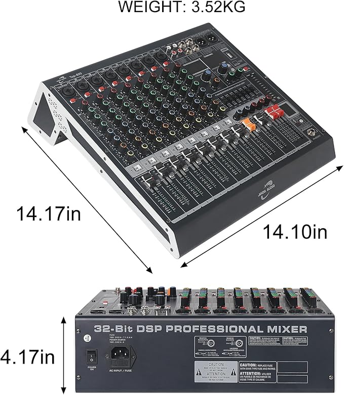 Audio Mixer 8 Channel, DJ Mixer Board with Bluetooth and Usb, Audio Sound Card with Interface Recording and 48V Phantom Power, Sounds Mixer with 256 DSP FX Reverb Delay Effect for Streaming