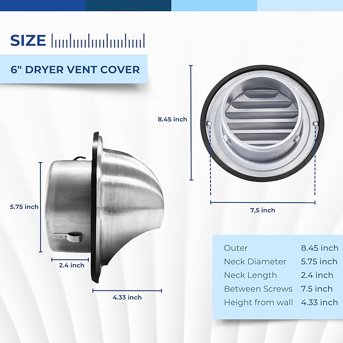 Fits 6" Neck Dryer Duct | Stainless Steel Round Air Dryer Vent Cover Hood with Rubber Seal - Rust-Resistant, Weatherproof and Efficient Airflow Exterior Wall Duct Ventilation Grille (Without Screen)