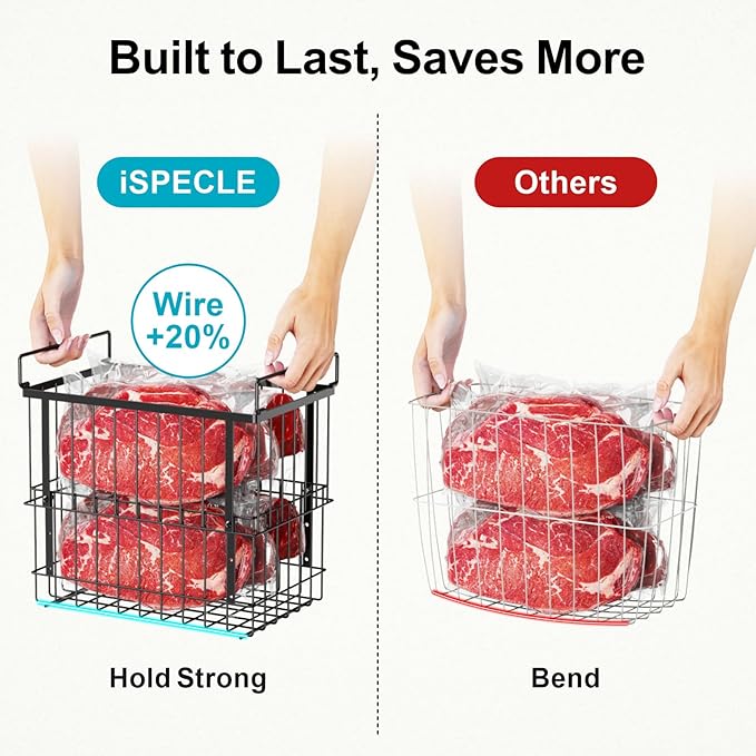 iSPECLE Freezer Organizer Bins - 2 Pack Large Adjustable Deep Freezer Organizer Bins for 5 to 7 Cu.Ft Chest Freezer, Stackable No Wasted Space, Easily Access Pizza (≤12“) without Digging, Black