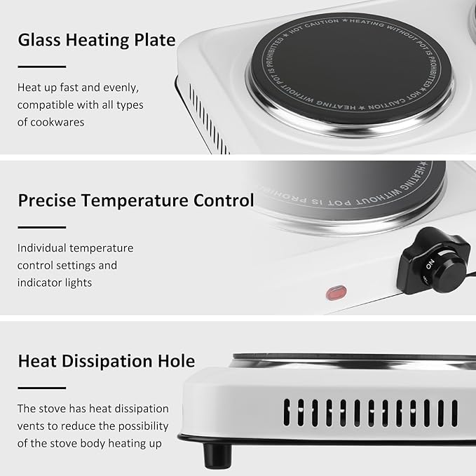 1800W Infrared Double Burner, Portable Hot Plate for Cooking, Countertop Burner with 7.5” & 6.3” Glass Plate Electric Cooktop with Stepless Temperature Adjustments for Home RV Camping