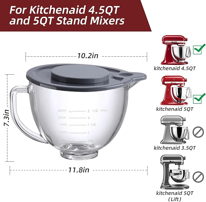 Gdrtwwh Glass Bowl for KitchenAid 4.5-5 Quart Tilt-Head Stand Mixer,Replacement with KitchenAid Artisan Mixer Glass Bowl