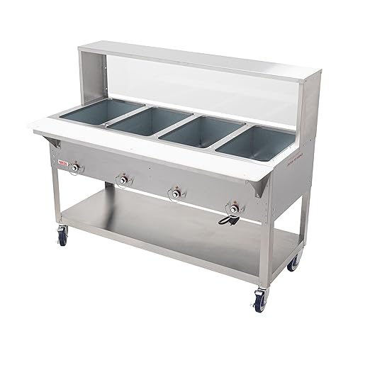Kratos Commercial Mobile Electric Steam Table/Hot Food Table with Overshelf and Sneeze Guard, 4 Wells, Stainless Steel, NSF, 120V (28W-203)