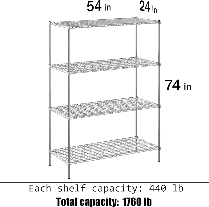 24" Deep x 54" Wide x 74" Height Wire Shelving Kit | 4-Tier | NSF Commercial Storage Rack Unit