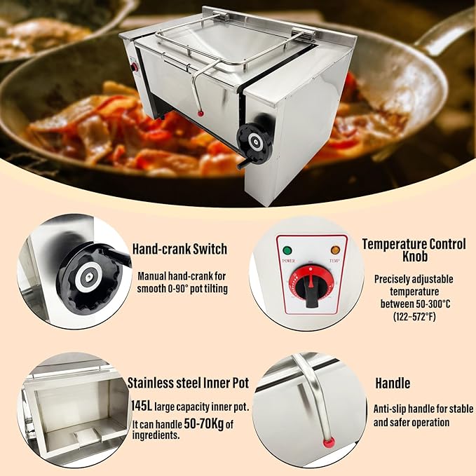 Commercial Electric Skillet 38.3gal Electric Tilting Braising Pan, 0-90° Tiltable Pot Design, 122-572°F Temp, Ideal for Stir-frying, Braising, Soup Boiling, and Simmering AC220V