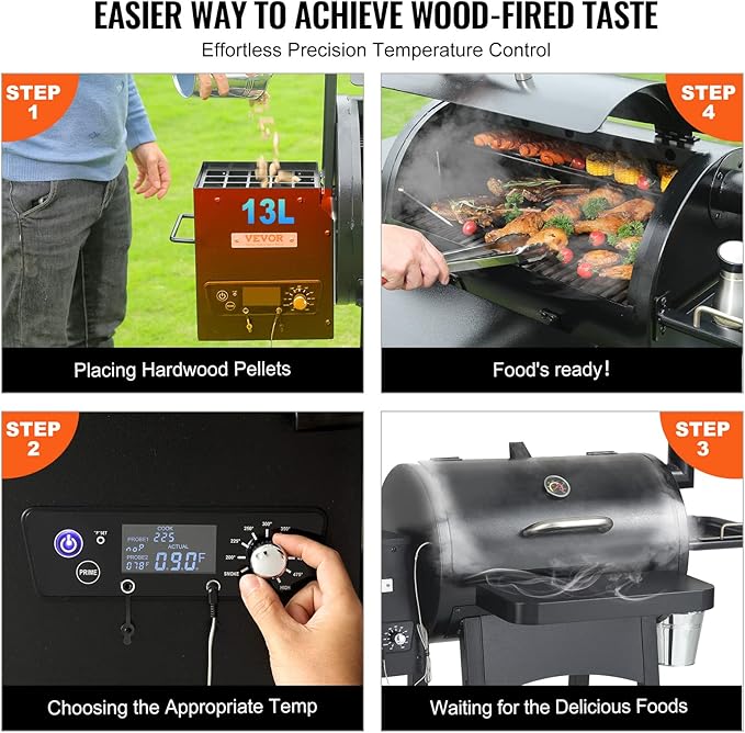 VEVOR Smoker Grill, Portable Wood Pellet Grill with Cart, 500°F Max Temperature, 580 SQ.IN Cook Area, 8 IN 1 BBQ Grill with PID Temperature Control & Meat Probe for Outdoor Cooking, Camping, Backyard