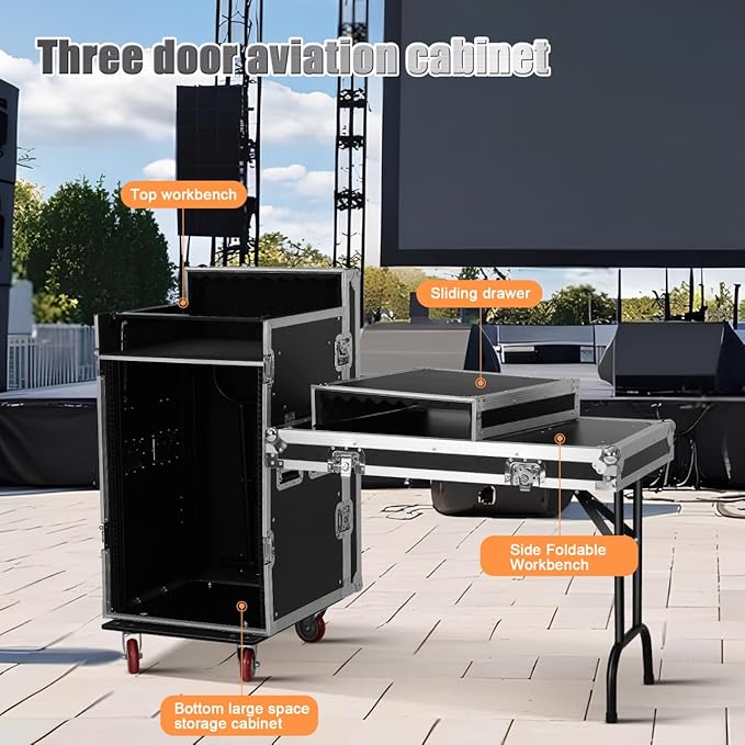 16u Dj Road Case, Recording Studio Rack Stand With Audio Mixer Stand & Wheels, Portable Media Storage Cabinet for Stage Performance Professional Audio Storage