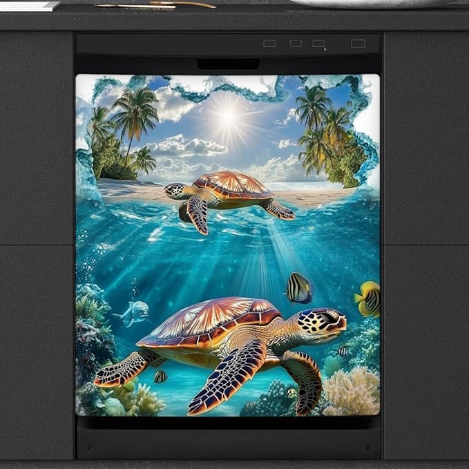 Ocean Turtles Dishwasher Magnet Cover for Door Front, Dishwasher Panel Decal Animal Reuseable Refrigerator Magnet Cover Decal Fridge Stickers Home Decor, 23 x 26 Inch