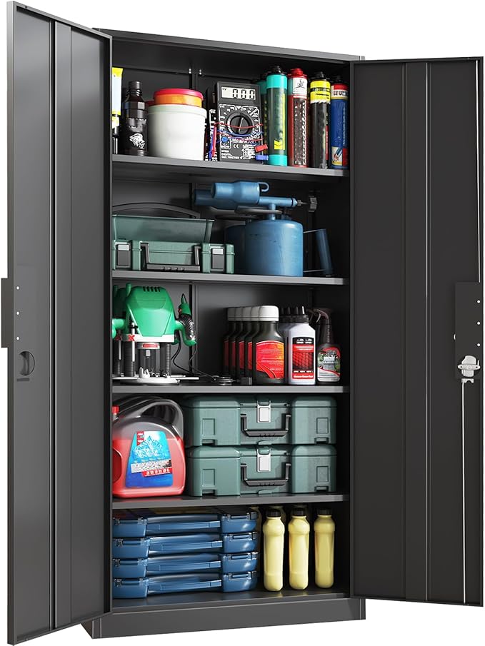 71" H Metal Garage Storage Cabinets, Locking Cabinet with Doors and Shelves, Kitchen Pantry Cabinet, Metal Storage Cabinet for Home/Office/Warehouse, Black