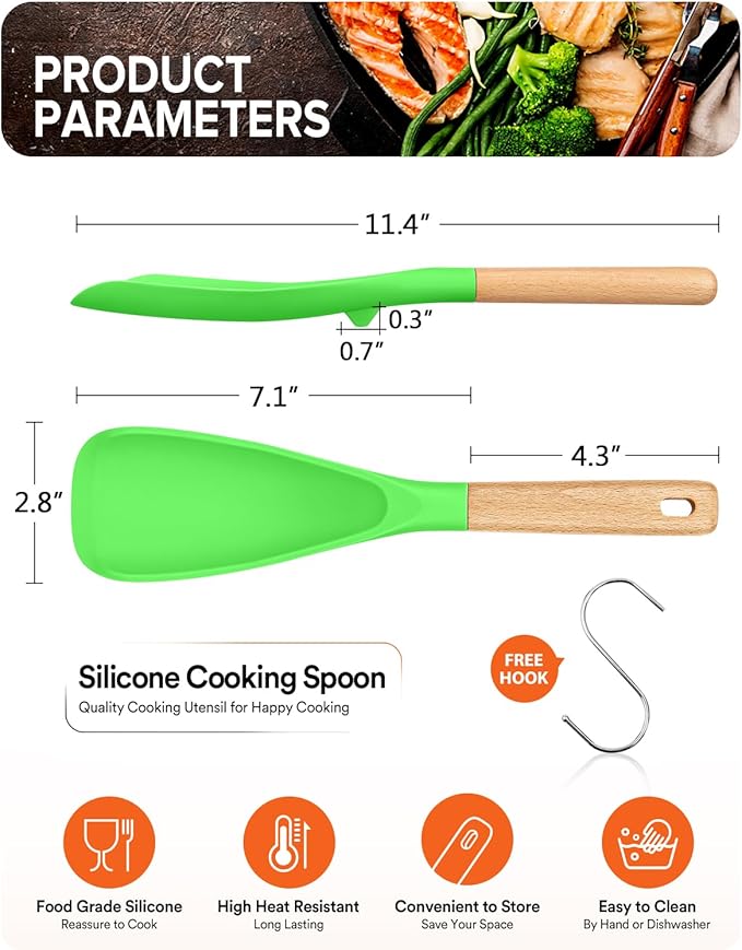 Cooking Spoon for Nonstick Cookwares, Great for Cooking and Serving Sturdy BPA-Free Matte Silicone, Wood Handle Spoon for Mixing, Scoop, and Scrape (APPLE GREEN, 11.4 inch)