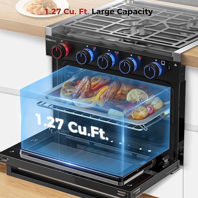 CAMPLUX Elite RV Propane Oven Stove Combo 17 Inches, 1.27 Cu.ft. Gas Oven Stove with 3 Burners, Total Output 28,100 BTU/Hr, Gas Ranges for RV, Apartment or Mini Kitchen, Black RGP17MGB