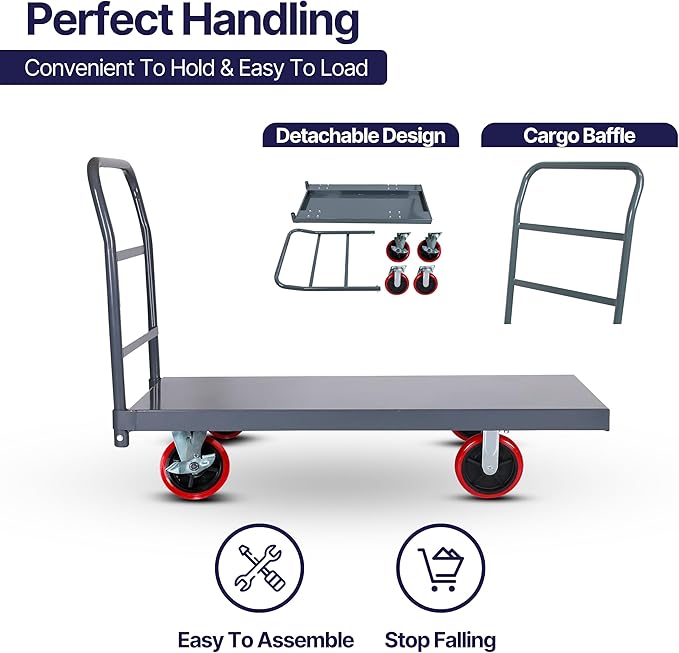 5Seconds Flatbed Platform Cart 3300LB Industrial Dolly Heavy Duty 60” x 30” Hand Push Truck Super Heavy Duty Flatbed 8'' Locked Swivel Wheels Commercial Moving