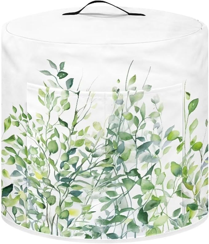 Insulated Pressure Cooker Appliance Cover for Rice Cooker, Air Fryer and Crock Pot, 6 Quart Dust Cover with Pocket for Spoon/Cooking Utensils/Recipes, Indoor Decor, Green Leaf White