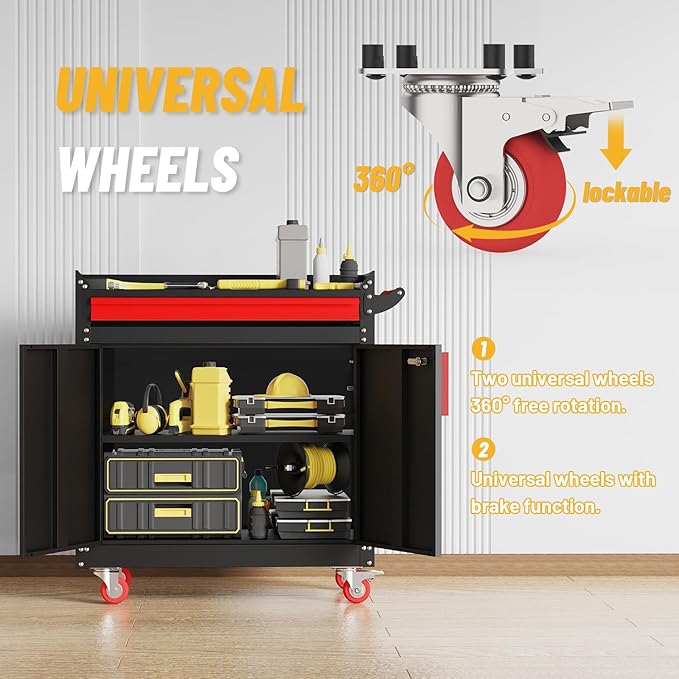 Rolling Garage Cabinets, Garage Storage Cabinet with Wheels and Workbench, Metal Cabinet with Doors and Shelf, Lockable Metal Storage Cabinets, for Home,Garages, Repair Stores, Warehouses