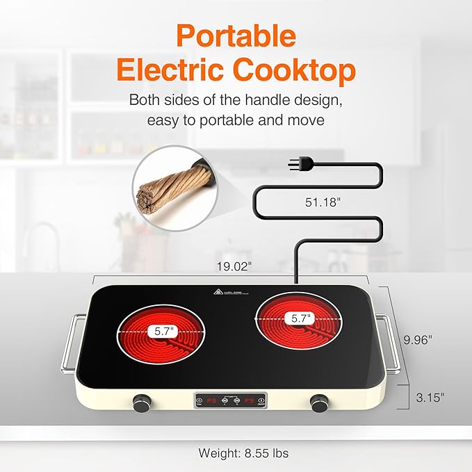 Electric Cooktop, 2200W 110V Electric burner, Electric Stove Top with 2 Handle, 2 Burner Electric Cooktop with 9 Power Settings,Knob Control Child Safety Lock & Timer.