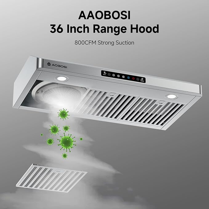 AAOBOSI Range Hood 36 inch Under Cabinet, 800-CFM Gesture Sensing/Touch Control,3 Speed Range Hood with LED Lights Exhaust Fan, Stainless Steel Kitchen Vent Hood