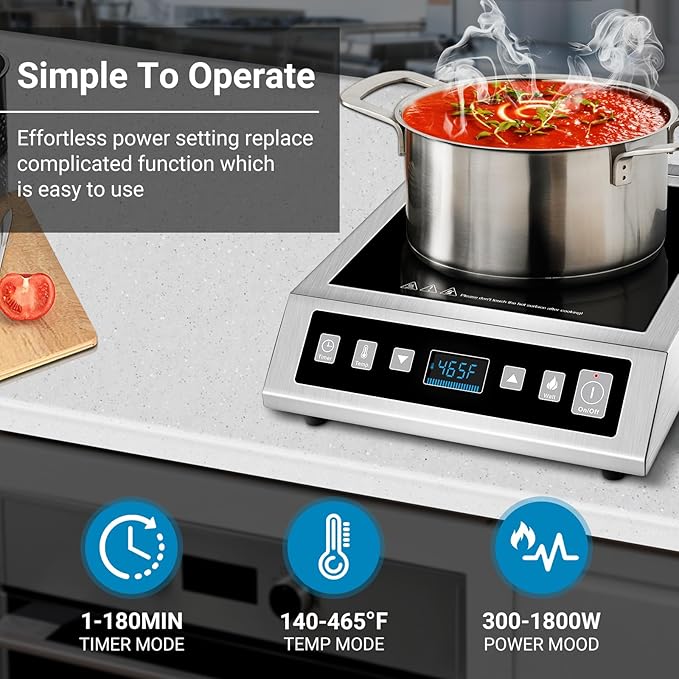 AMZCHEF Induction Cooktop Commercial, Professional Portable Burner, 1800W Countertop Stove Burner with ETL-Certified Induction Hot Plate 3 Hours Timer,8 Temperature & Power Levels,LCD Screen