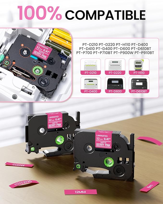 Replacement for Brother P Touch Label Tape White on Berry Pink TZe-MQP35 12mm 0.47'' Laminated TZe TZ Label Maker Tape, Compatible with PT-D210 PT-D220 PT-H110 PT-D400 PT-D410 PT-D600, 2-Pack