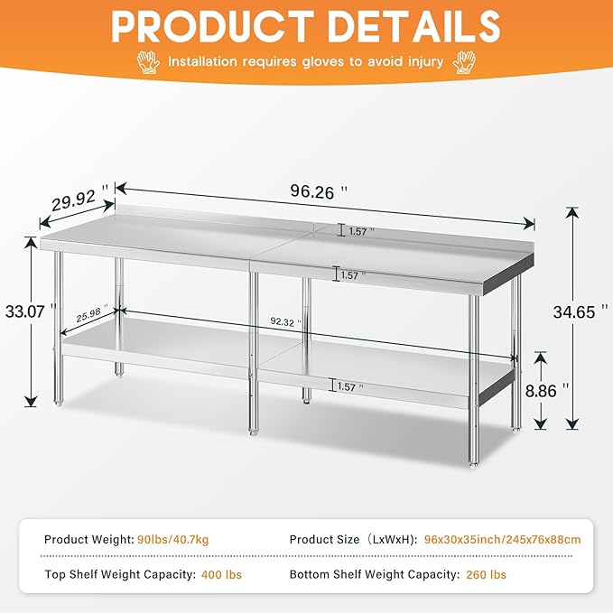 Jocisland 30" x 96" Stainless Steel Table for Prep & Work with Backsplash, Adjustable Under Shelf & Safe Design for Restaurant, Home and Outdoor