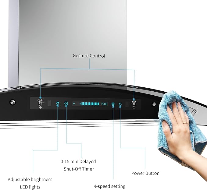 IKTCH Upgrated 30 inch Island Mount Range Hood, 900 CFM Ducted Range Hood with 4 Speed Fan, Stainless Steel& Tempered Glass with Gesture Sensing&Touch Control Making life Smarter IKIS01-30