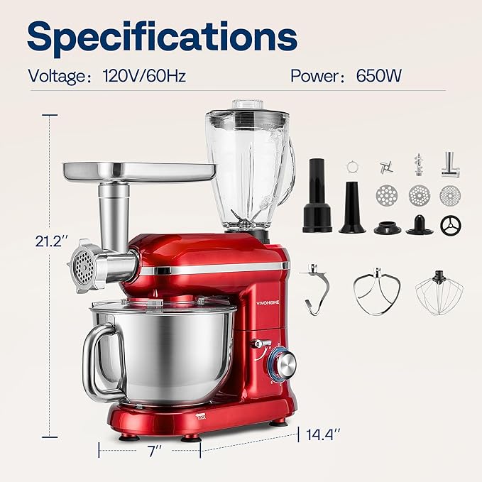 VIVOHOME 3-in-1 Stand Mixer, 6 Quart Electric Tilt-Head Kitchen Mixer with Bowl, Multifunctional Food Mixer with Meat Grinder and Blender Attachments, Dough Hook, Beater, and Whisk, Red