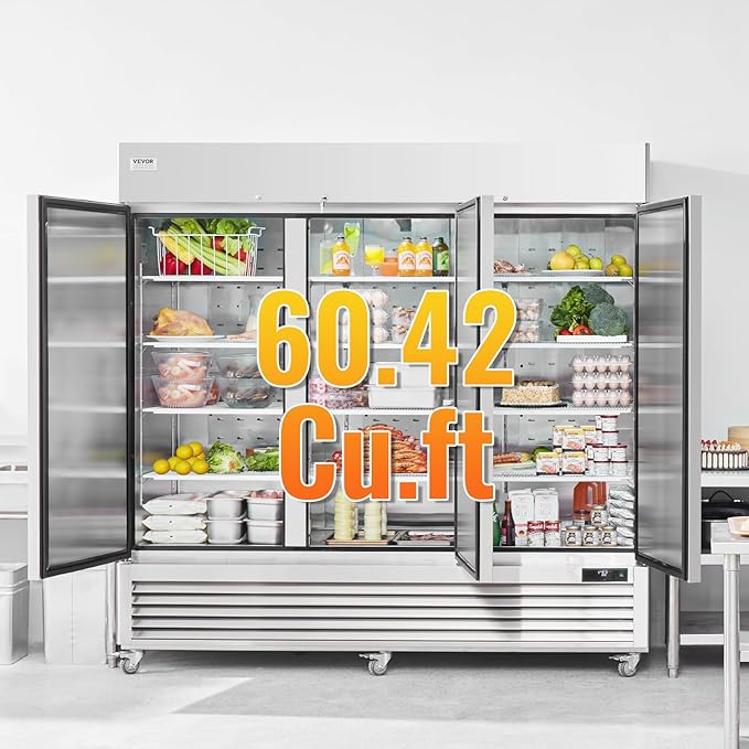 VEVOR Commercial Refrigerator 60.42 Cu.ft, Reach In 82.5" W Upright Refrigerator 3 Doors, Auto-Defrost Stainless Steel Reach-in Refrigerator & 12 Shelves, 33 to 41℉ Temp Control, LED Light, 4 Wheels