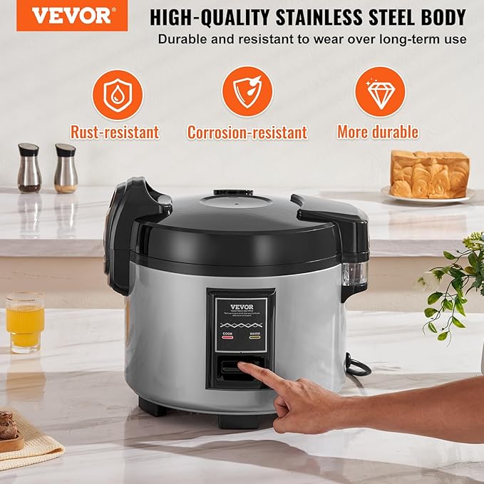 VEVOR Commercial Rice Cooker, 60-Cup Rice Cooker, 13.74 Qt / 13 Liter Large Rice Cooker and Warmer with Nonstick Inner Pot, Fast Cooking and 12-Hour Keep Warm, with Rice Cup and Paddle, for Restaurant