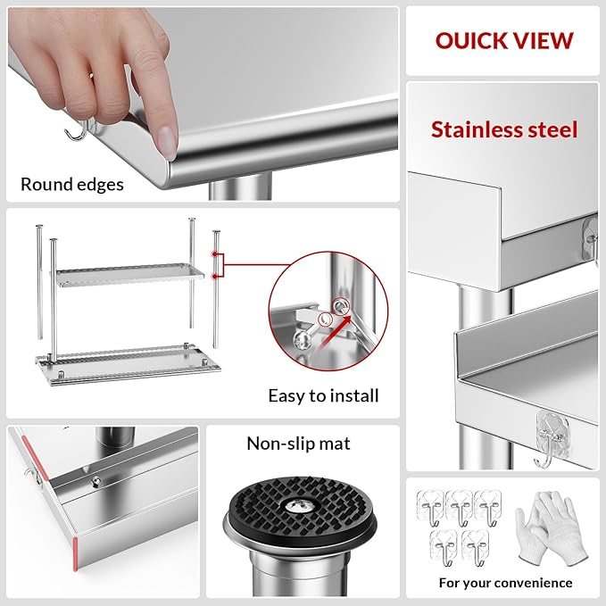 All-Stainless Steel Prep Table, 30 X 48 Inch, with Rounded-Corner Backsplash and Adjustable Undershelf, Heavy-Duty for Outdoor Use,Restaurants,Hotels,Workshops,Kitchens,Gardens, and Garages