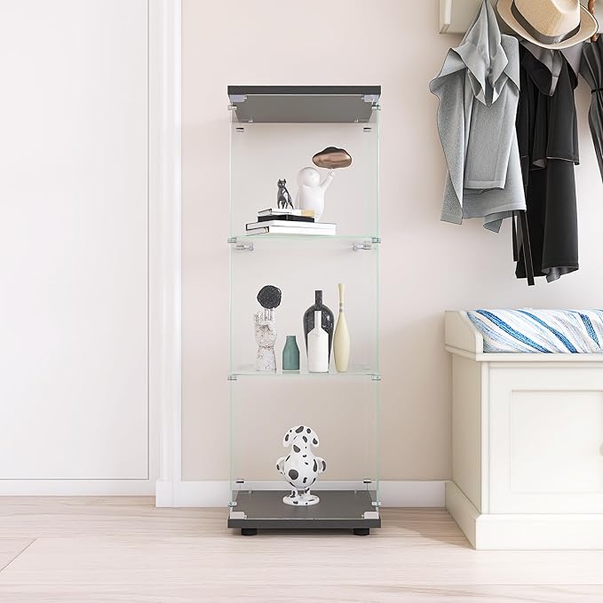 Yoluckea 3 Shelves Glass Display Cabinet with Door,Floor Standing Clear Glass Curio Cabinet Collection Display Case for Living Room Bedroom 49.41”x15.16”x13.58” Black (Quick Assembly)