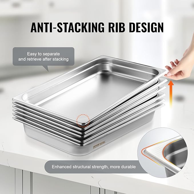 VEVOR 6 Pack Stainless Steel Hotel Pans,2.5-Inch Deep 0.8mm Thick Commercial Food Pans, Anti-Jam Catering Trays for Steam Tables, for Home, Party, Restaurant, Hotel, Buffet