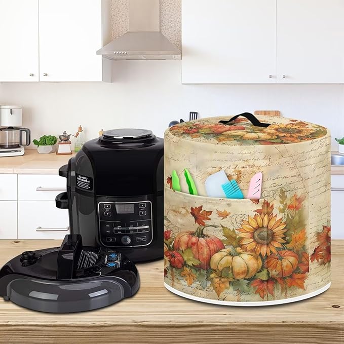 Thanksgiving Day Decor Waterproof Dust Protecitve Pressure Cooker Cover for 6 Quart, Kitchen Appliance Air Fryer Rice Cooker Cover Fall Maple Leaf Pumpkin Print