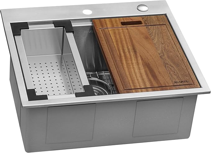 Ruvati 25 x 22 inch Workstation Drop-in Tight Radius Topmount 16 Gauge Stainless Steel Ledge Kitchen Sink Single Bowl - RVH8023