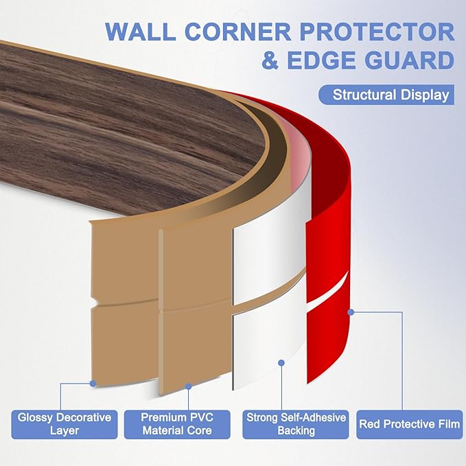 Wall Corner Protector Moulding Trim Peel and Stick Wall Corner Guards Trim Flexible Self Adhesive Edge Protector Moulding, 0.8 in x40 Ft, Smoked Brown Wood