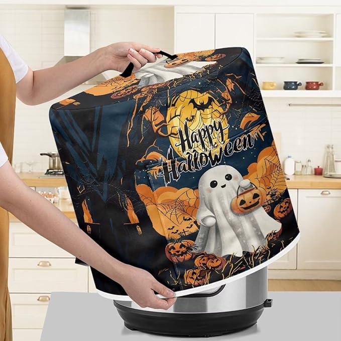 Dust Cover for Kitchen Appliance for 8 Quart Pressure Cooker Air Fryer Rice Cooker Dust Cover with Top Handle and Pocket Happy Halloween Ghost Print