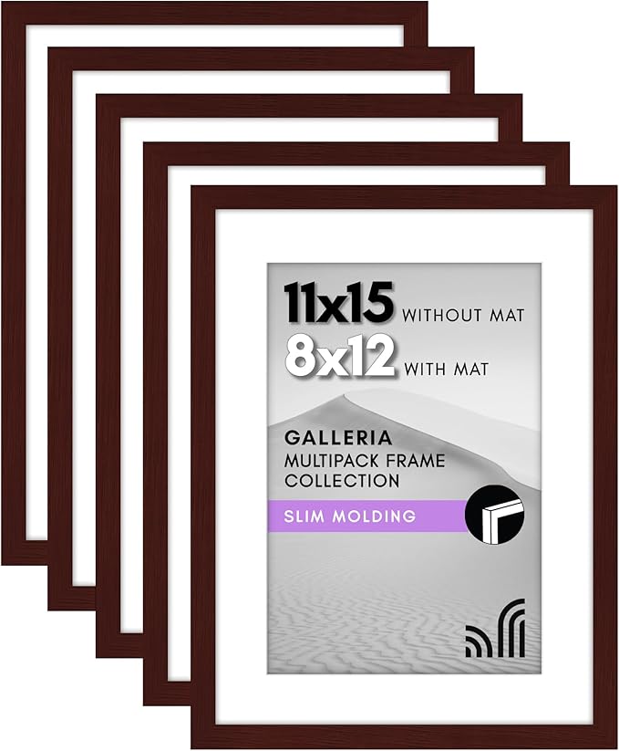 Americanflat 11x15 Picture Frame with Polished Plexiglass - Set of 5 - Use as 8x12 Frame with Mat or Display 11x15 Photo Without Mat - Galleria Collection - Picture Frames for Wall Display - Mahogany