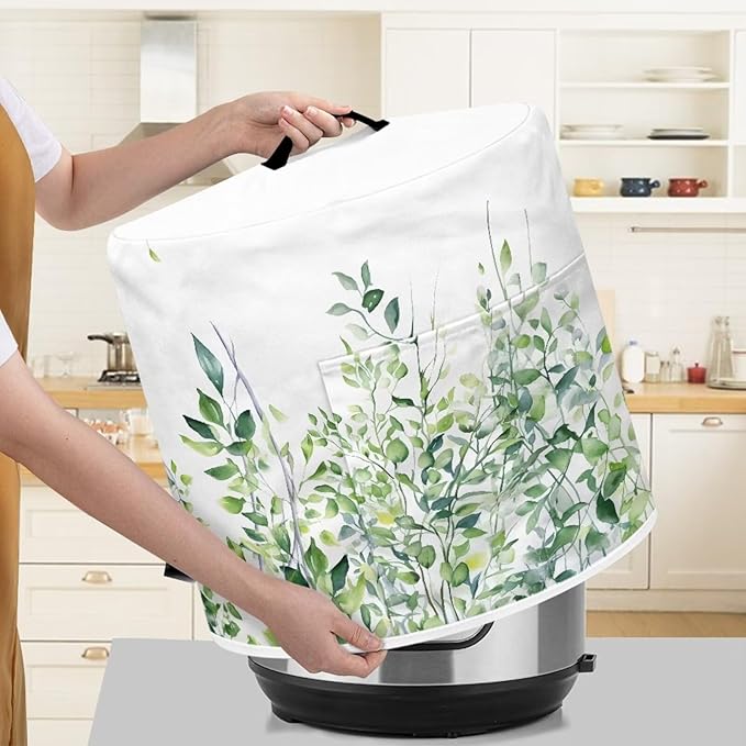Insulated Pressure Cooker Appliance Cover for Rice Cooker, Air Fryer and Crock Pot, 6 Quart Dust Cover with Pocket for Spoon/Cooking Utensils/Recipes, Indoor Decor, Green Leaf White