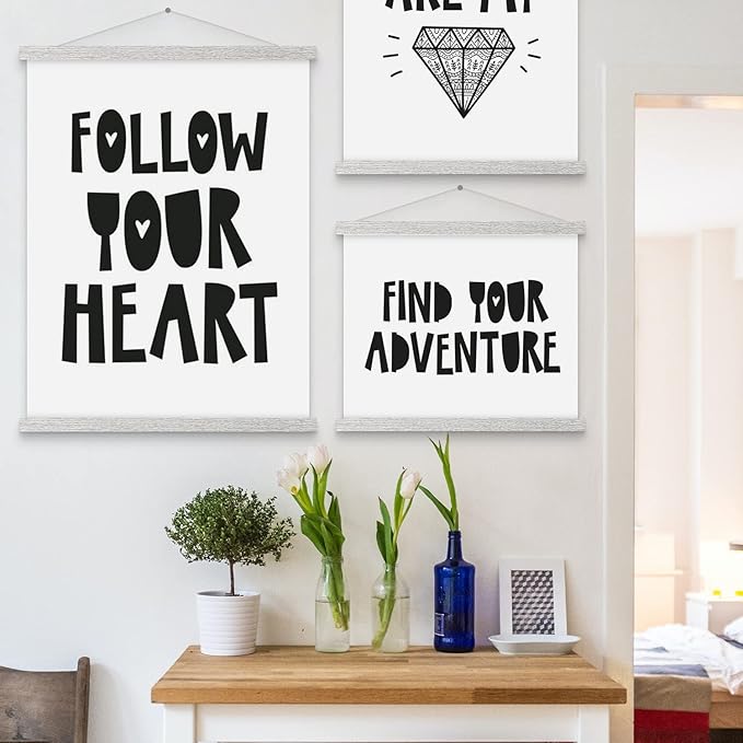 Magnetic Poster Hanger, 14x22 14x20 14x24 Poster Frame Wood Wooden Magnet Print Posters Dowel Scroll Hanger Hangers Hanging Kit for Walls Map Canvas Artwork (Grey, 14")
