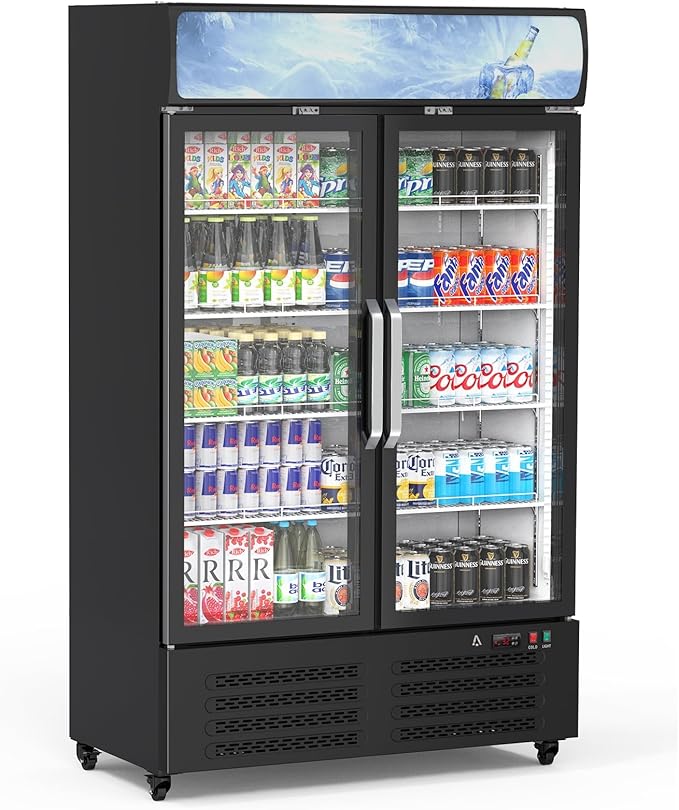 PeakPursuit Commercial Beverage Refrigerator 27.1 Cu.ft, Glass Door Display Fridge with LED Light, 10 Adjustable Shelves, Upright Merchandiser Refrigerator for Restaurant, Cafe, Store, Black