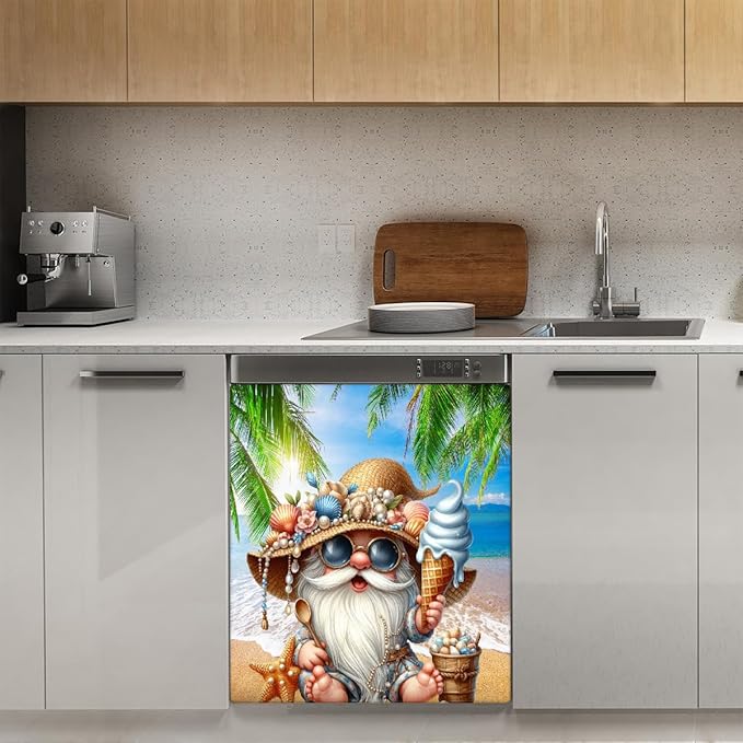 Summer Cute Gnome Dishwasher Magnet Cover Summer Cute Gnome Front Dishwasher Cover Decoration Reusable Magnetic Door Cover Panel Decal Home Appliances Stickers Kitchen Refrigerator 23"X26"