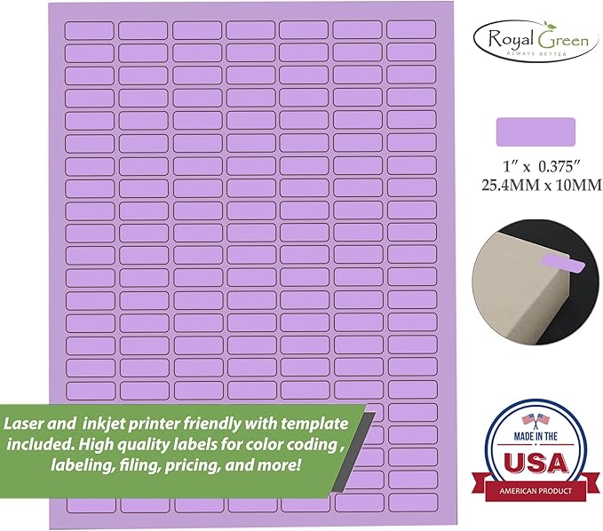 Labels Printable Sticker Paper Sheets for Printers in Purple - 1078 Pack, Small Printing Labels 1 inch x 0.375 inch for Laser Printers with Template Included, 7 Full Sheets