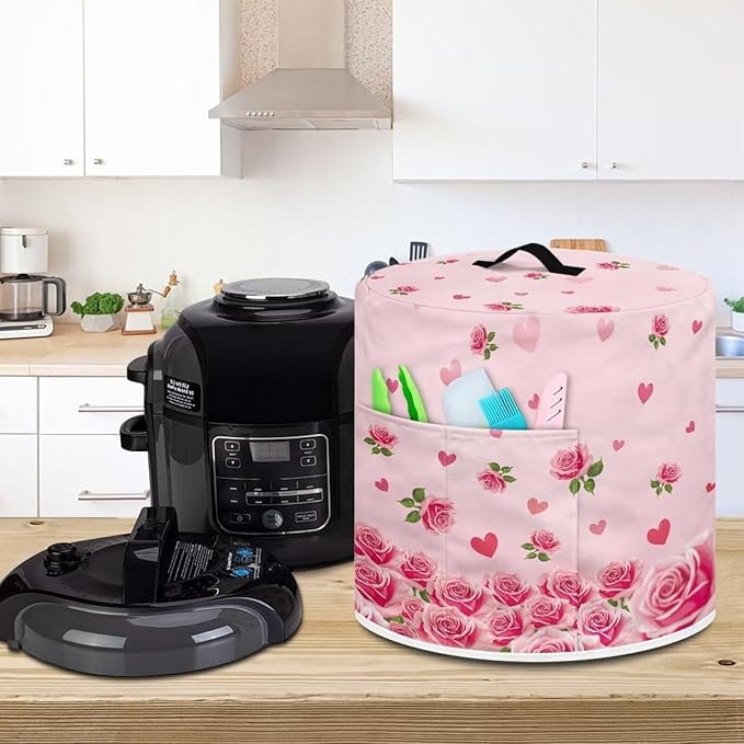 Pressure Cooker Cover for Women,Pink Rose Print Dust-proof Cover for Rice Cooker Air Fryer Kitchen Appliance Covers with Top Handle and Pocket Home Kitchen Decor Gifts for Friends