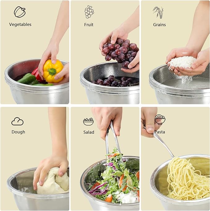304 Stainless Steel Microporous Colander, 5QT Large Capacity with Mixing Bowl For washing vegetables, fruit and rice and for draining cooked pasta(2PC)