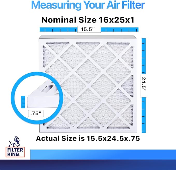 Filter King 16x25x1 Air Filter | 3-PACK | MERV 8 HVAC Pleated A/C Furnace Filters | MADE IN USA | Actual Size: 15.5 x 24.5 x .75"