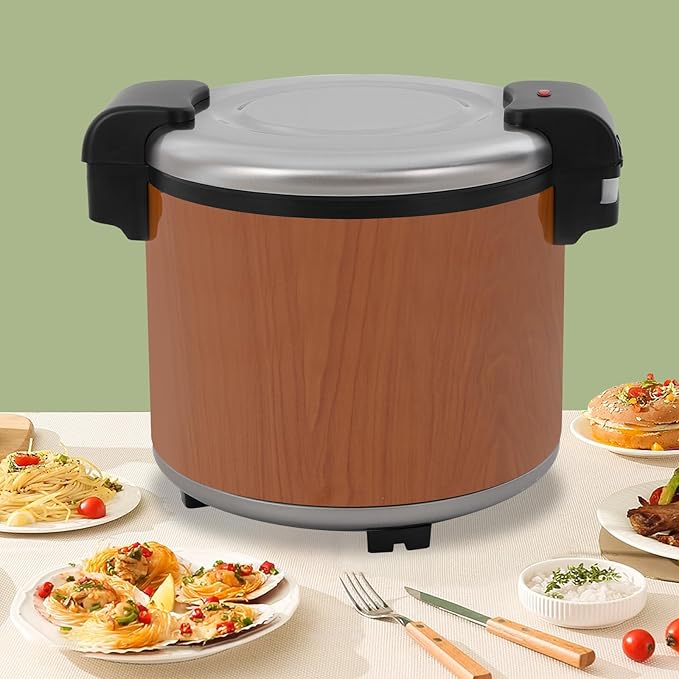 6-Gal Electric Rice Warmer | 149°F Constant-Temp Heating | for 40-50 People | 3D Even Heating | 110V 105W Commercial Food Warmer with Inner Pot & Rice Spoon (Wood Grain/US Standard)