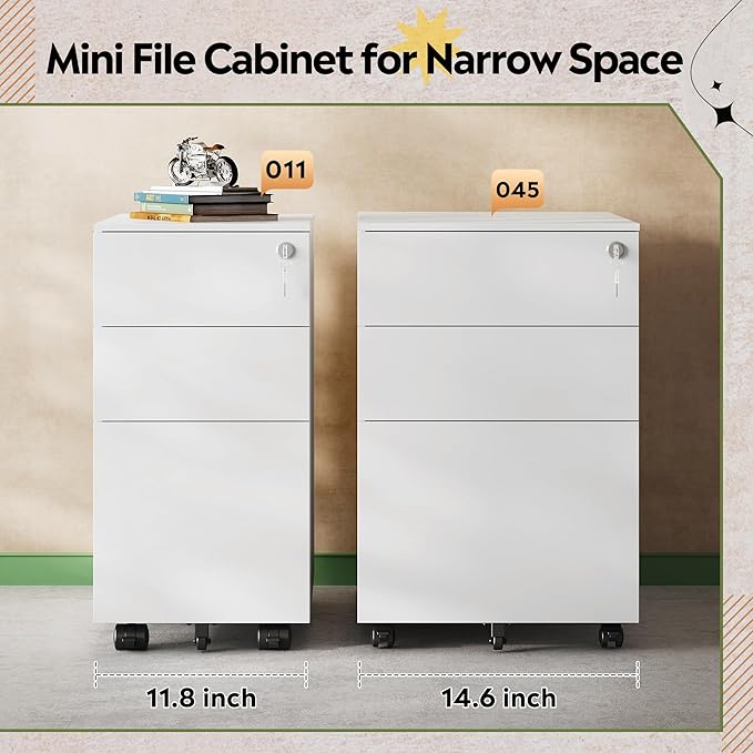 DEVAISE 3 Drawer Vertical File Cabinet with Lock, Under Desk Mobile Metal Filing Cabinet for Home Office Fit Legal/Letter/A4 File, Fully Assembled Except Wheels, White