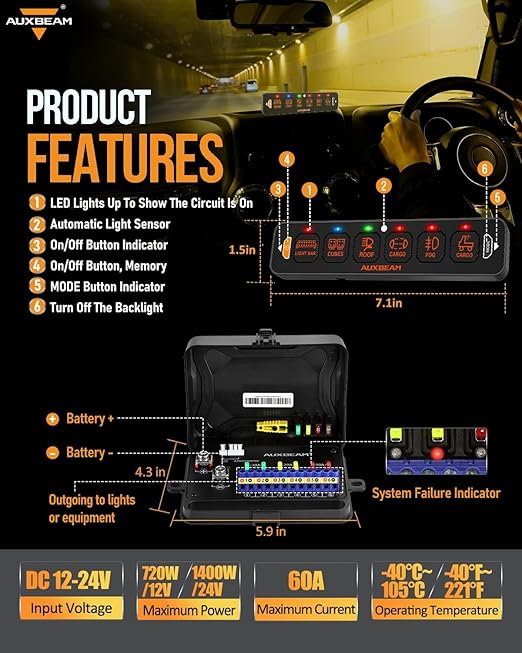 Auxbeam 6 Gang Slim Switch Panel RGB AS-R60 Automatic Dimmable Switch Panel with Toggle Momentary Pulsed Off Backlight Unique Patented Design Control Panel for Truck Offroad Boat, 2-Year Warranty